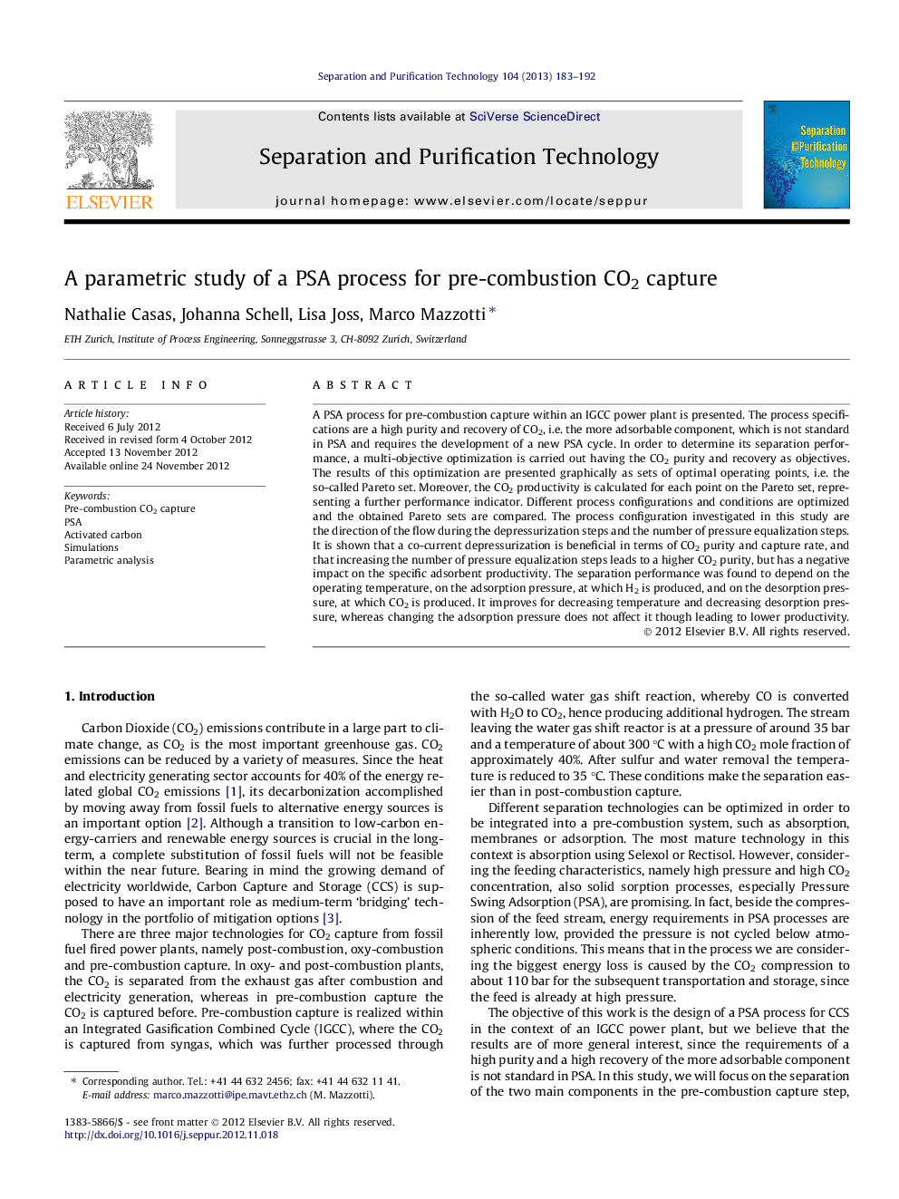 A parametric study of a PSA process for pre-combustion CO2 capture