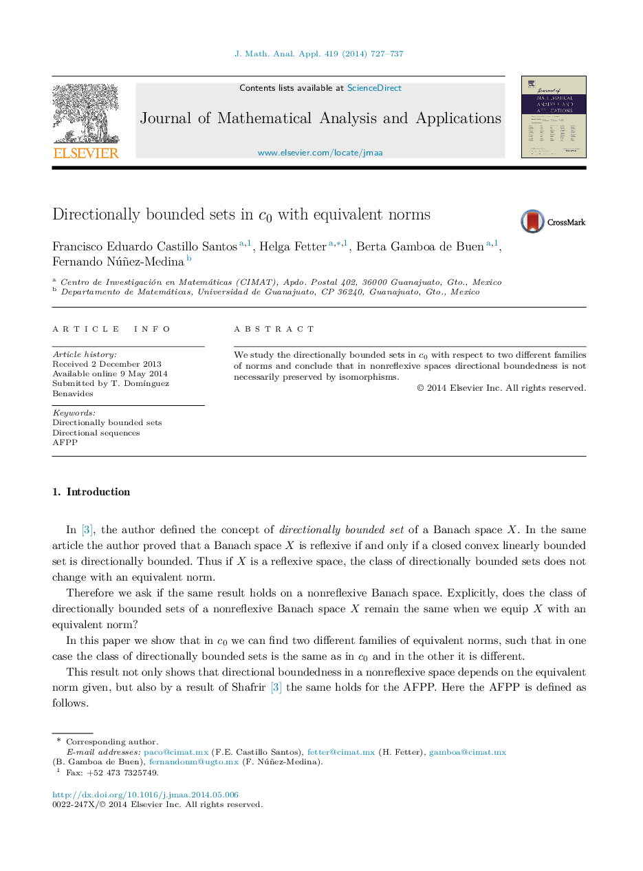 Directionally bounded sets in c0 with equivalent norms