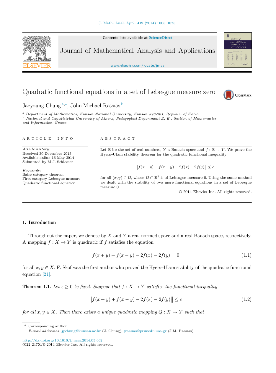 Quadratic functional equations in a set of Lebesgue measure zero