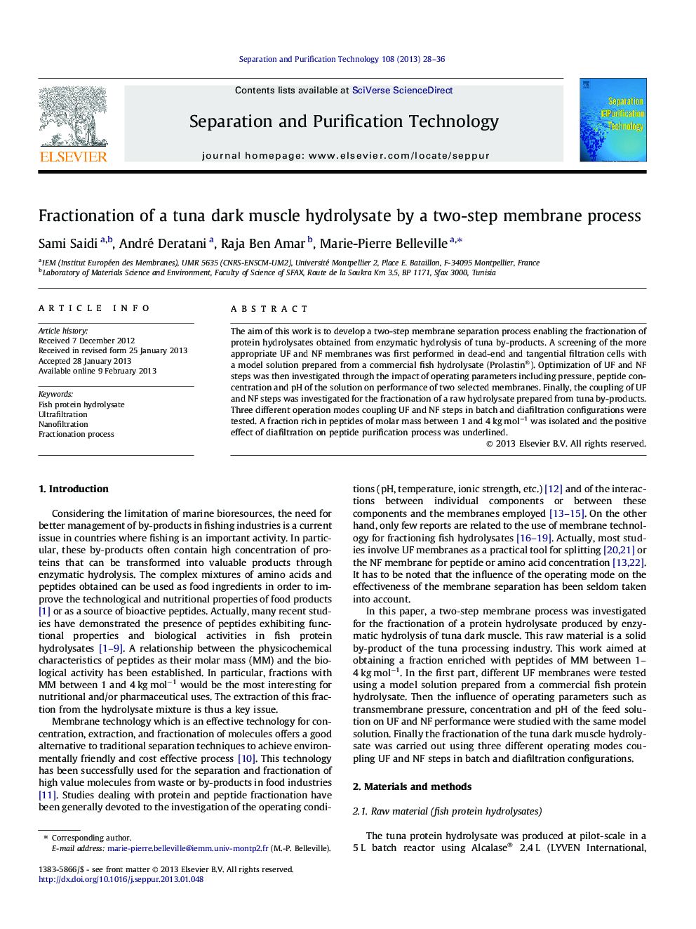 Fractionation of a tuna dark muscle hydrolysate by a two-step membrane process