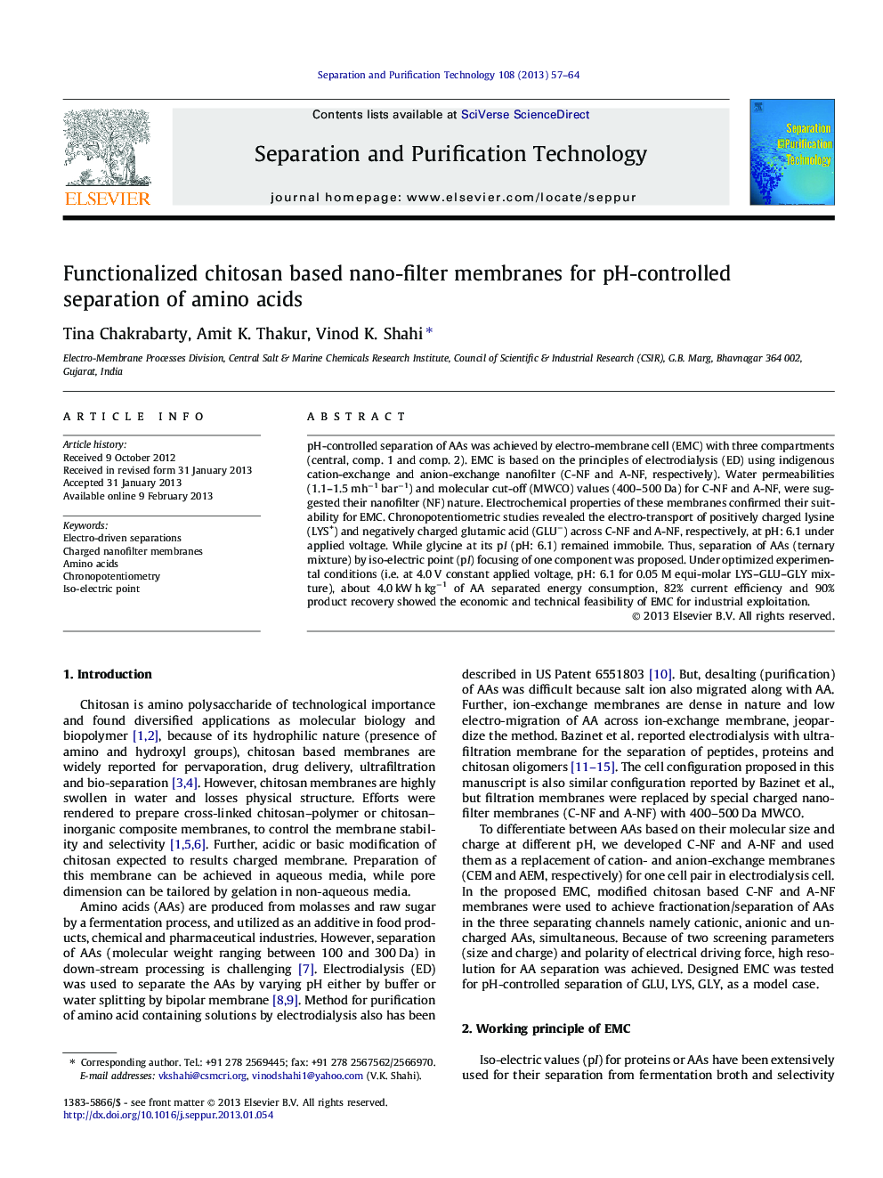 Functionalized chitosan based nano-filter membranes for pH-controlled separation of amino acids