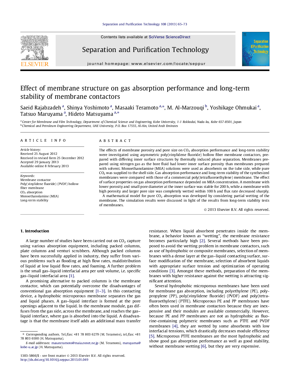 Effect of membrane structure on gas absorption performance and long-term stability of membrane contactors