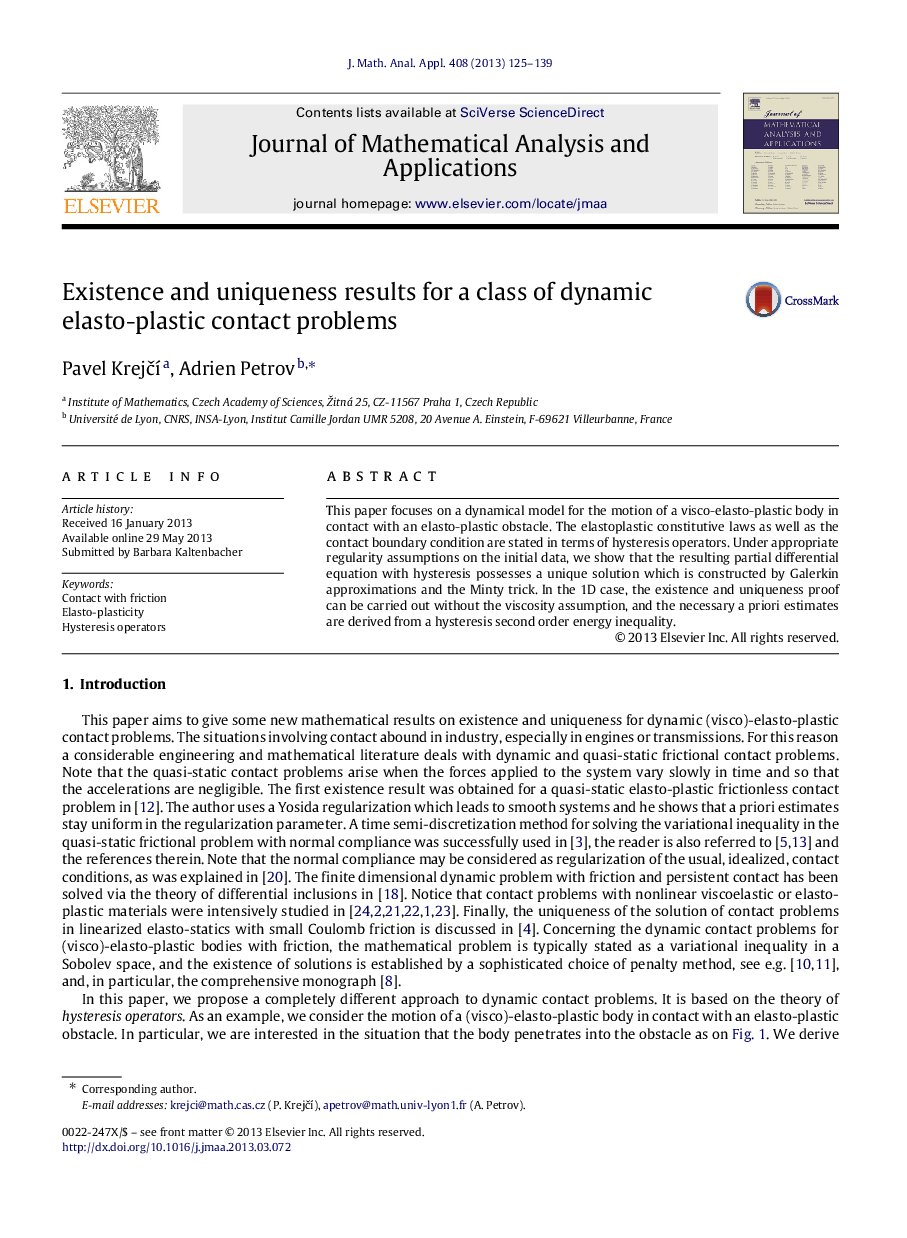 Existence and uniqueness results for a class of dynamic elasto-plastic contact problems