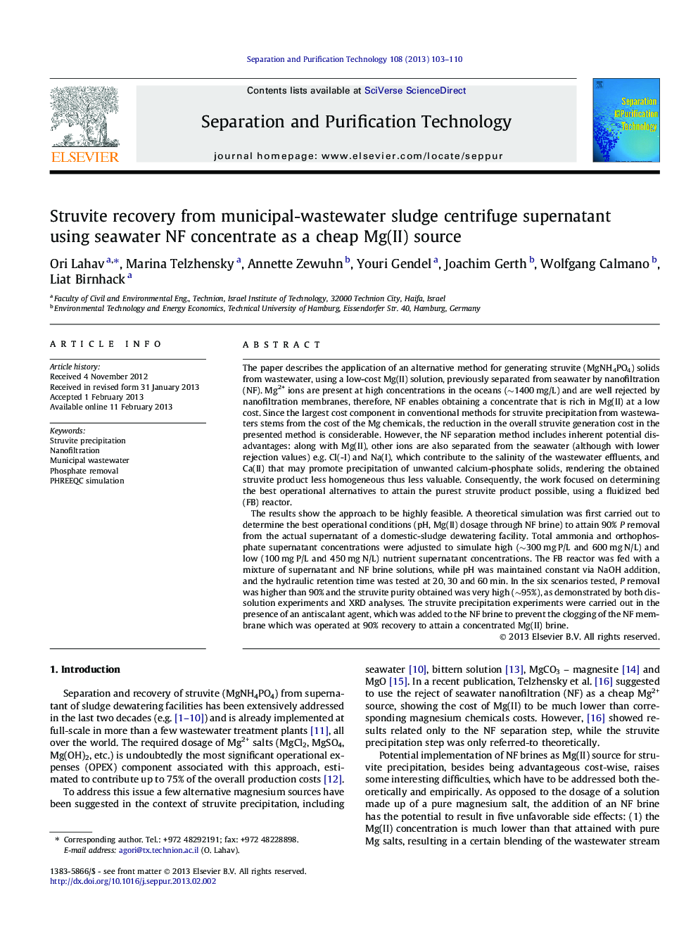 Struvite recovery from municipal-wastewater sludge centrifuge supernatant using seawater NF concentrate as a cheap Mg(II) source