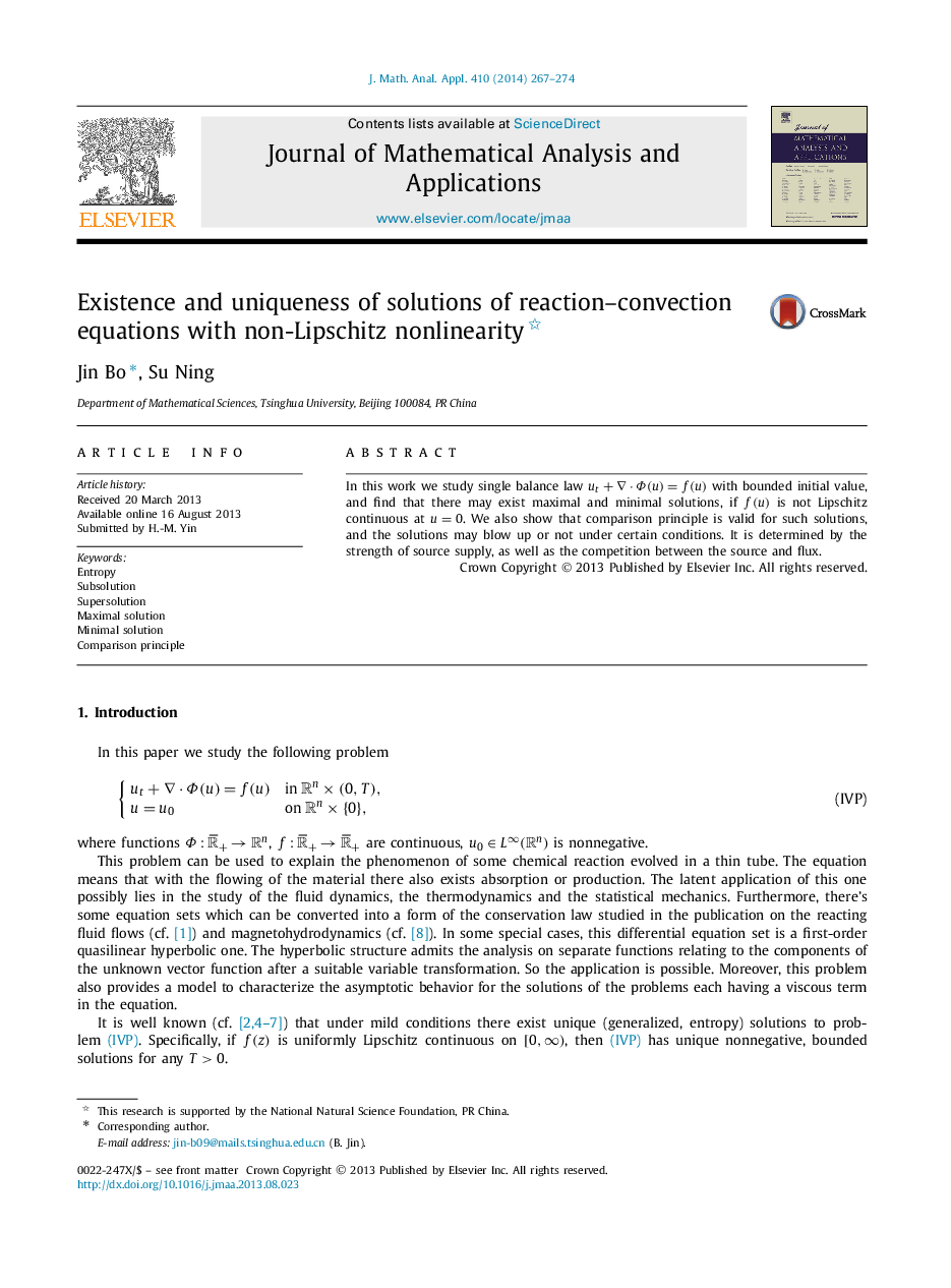 Existence and uniqueness of solutions of reaction-convection equations with non-Lipschitz nonlinearity