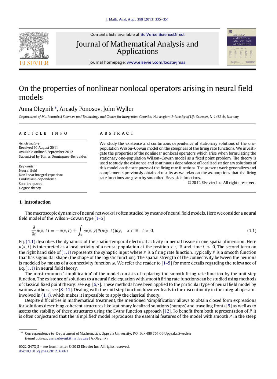 On the properties of nonlinear nonlocal operators arising in neural field models