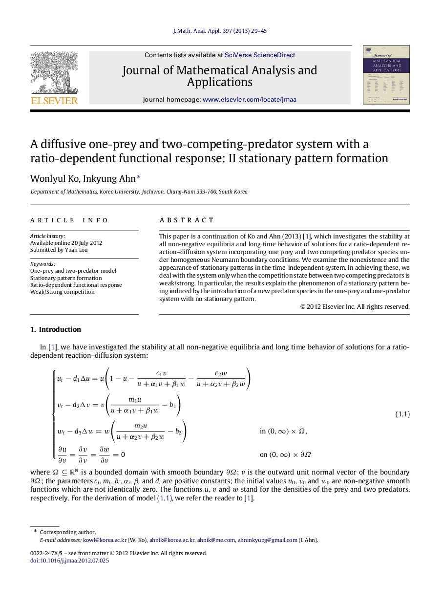 A diffusive one-prey and two-competing-predator system with a ratio-dependent functional response: II stationary pattern formation