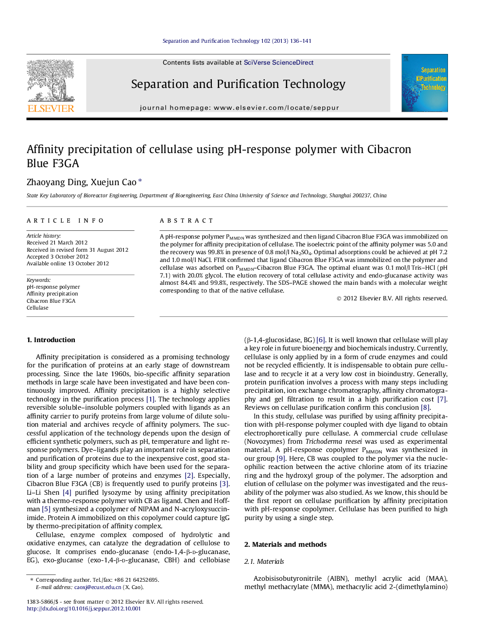 Affinity precipitation of cellulase using pH-response polymer with Cibacron Blue F3GA