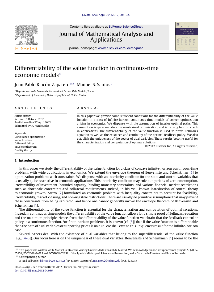 Differentiability of the value function in continuous-time economic models