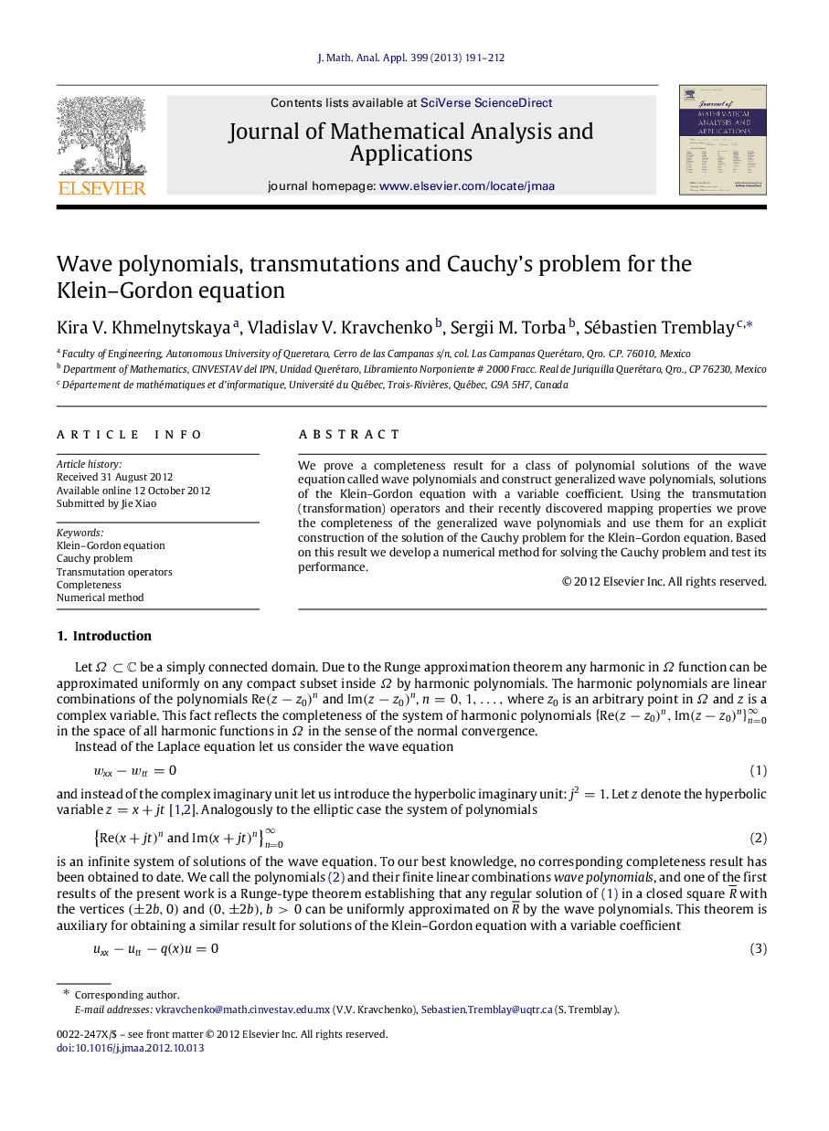 Wave polynomials, transmutations and Cauchy's problem for the Klein-Gordon equation