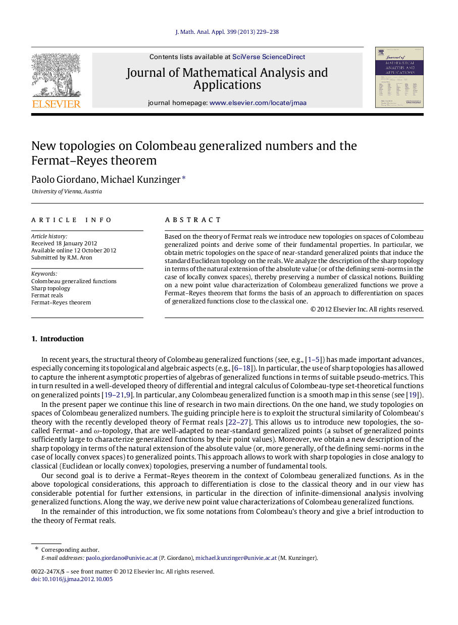 New topologies on Colombeau generalized numbers and the Fermat-Reyes theorem