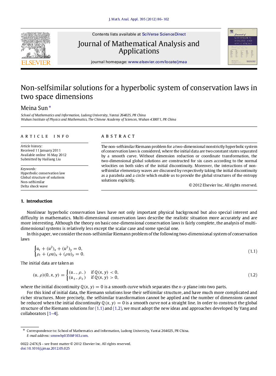 Non-selfsimilar solutions for a hyperbolic system of conservation laws in two space dimensions