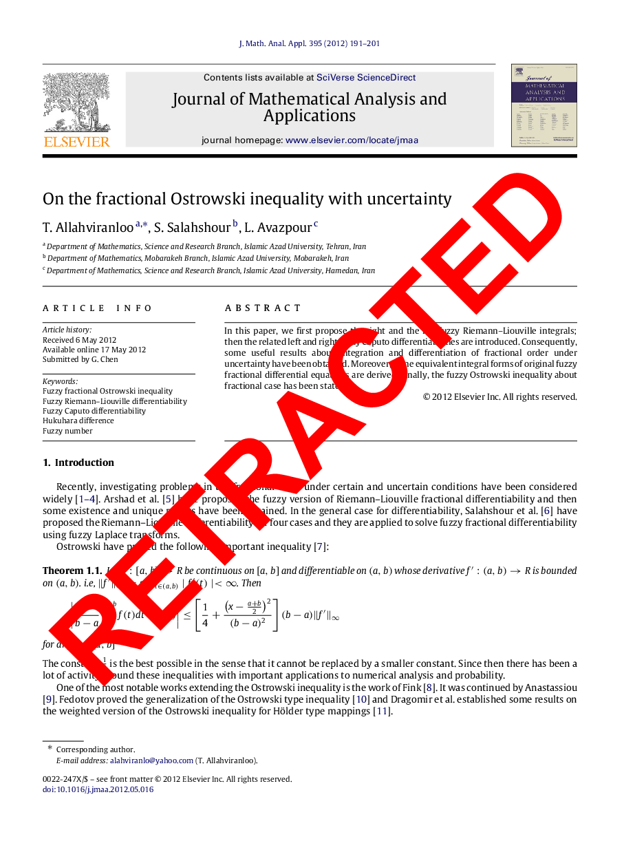 RETRACTED: On the fractional Ostrowski inequality with uncertainty