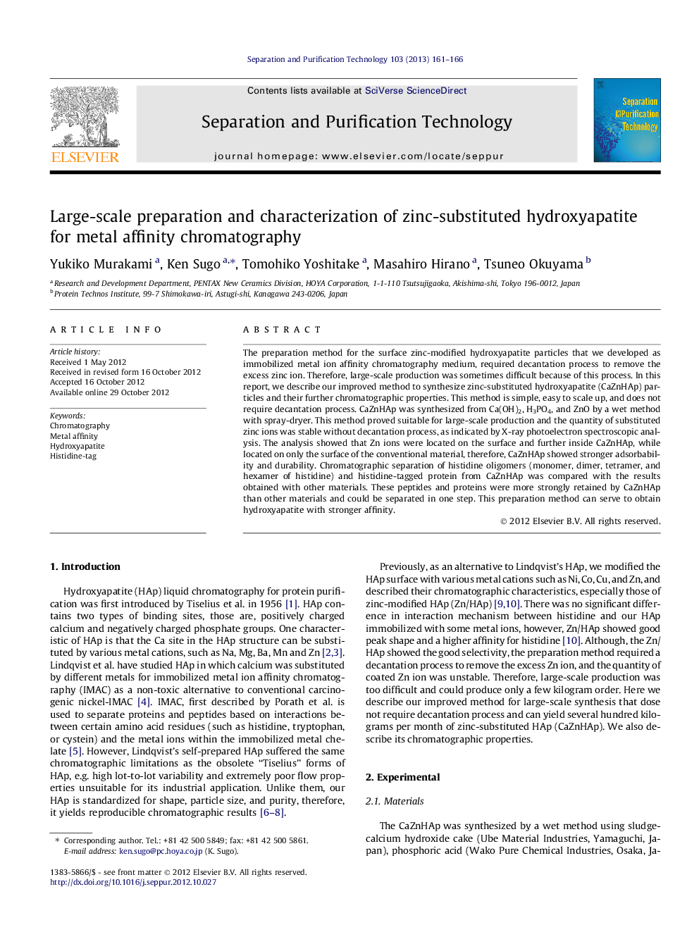 Large-scale preparation and characterization of zinc-substituted hydroxyapatite for metal affinity chromatography