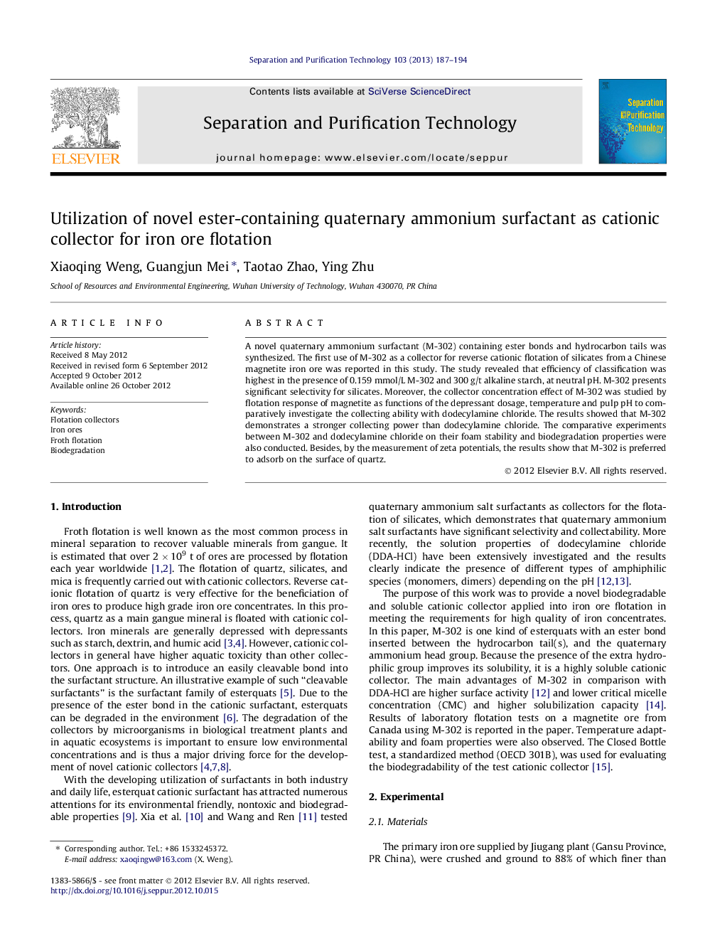 Utilization of novel ester-containing quaternary ammonium surfactant as cationic collector for iron ore flotation