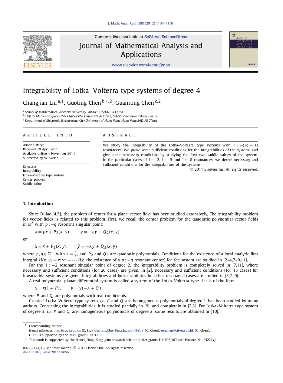 Integrability of Lotka-Volterra type systems of degree 4