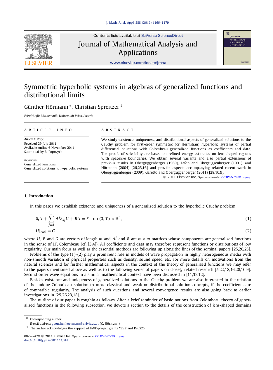 Symmetric hyperbolic systems in algebras of generalized functions and distributional limits