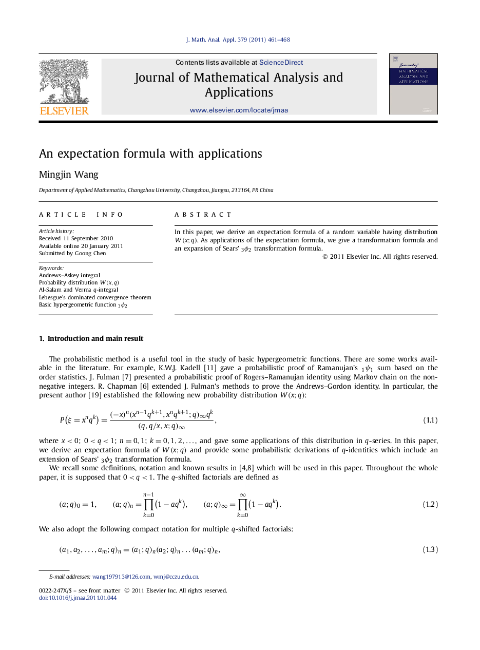 An expectation formula with applications