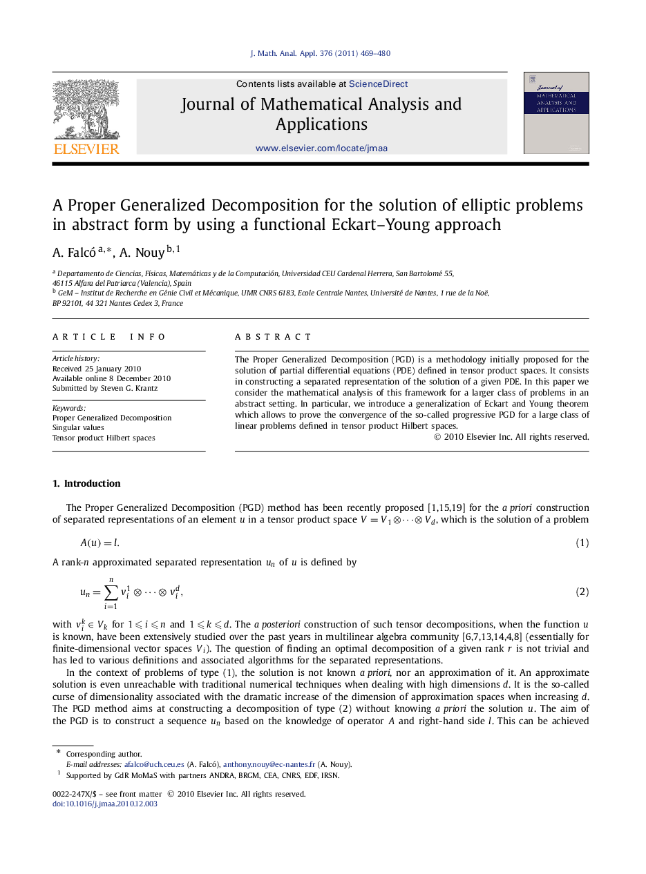 A Proper Generalized Decomposition for the solution of elliptic problems in abstract form by using a functional Eckart-Young approach