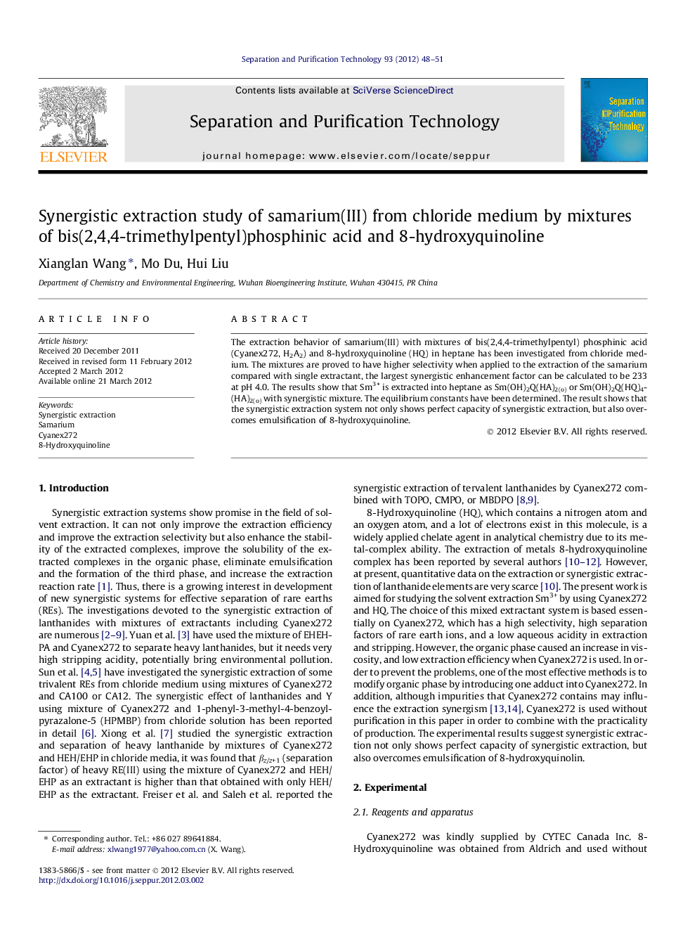 Synergistic extraction study of samarium(III) from chloride medium by mixtures of bis(2,4,4-trimethylpentyl)phosphinic acid and 8-hydroxyquinoline