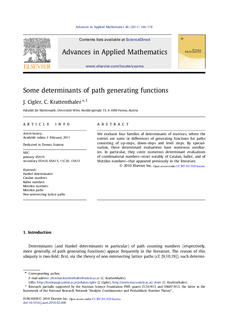 Some determinants of path generating functions