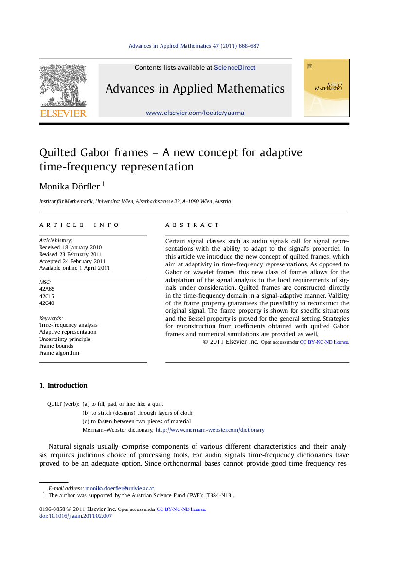 Quilted Gabor frames - A new concept for adaptive time-frequency representation