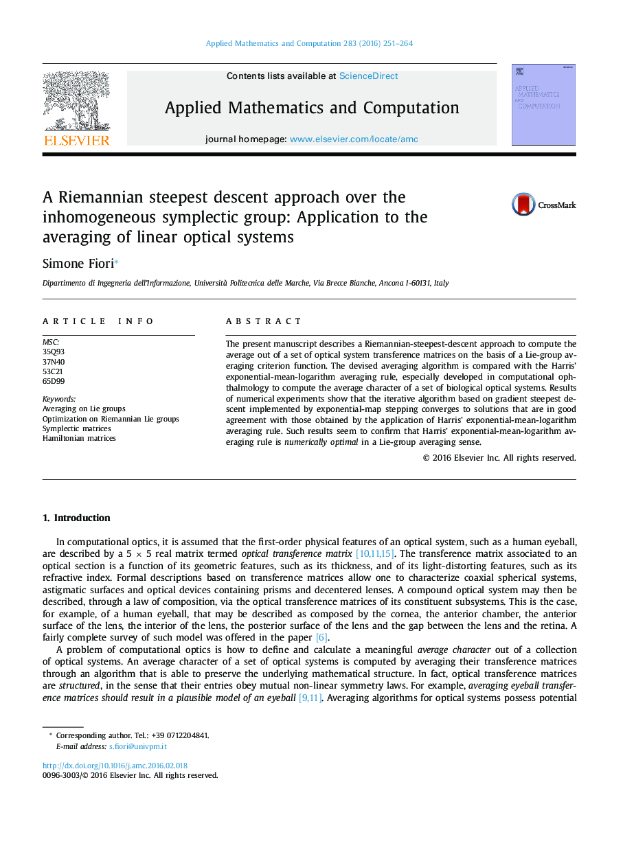 A Riemannian steepest descent approach over the inhomogeneous symplectic group: Application to the averaging of linear optical systems