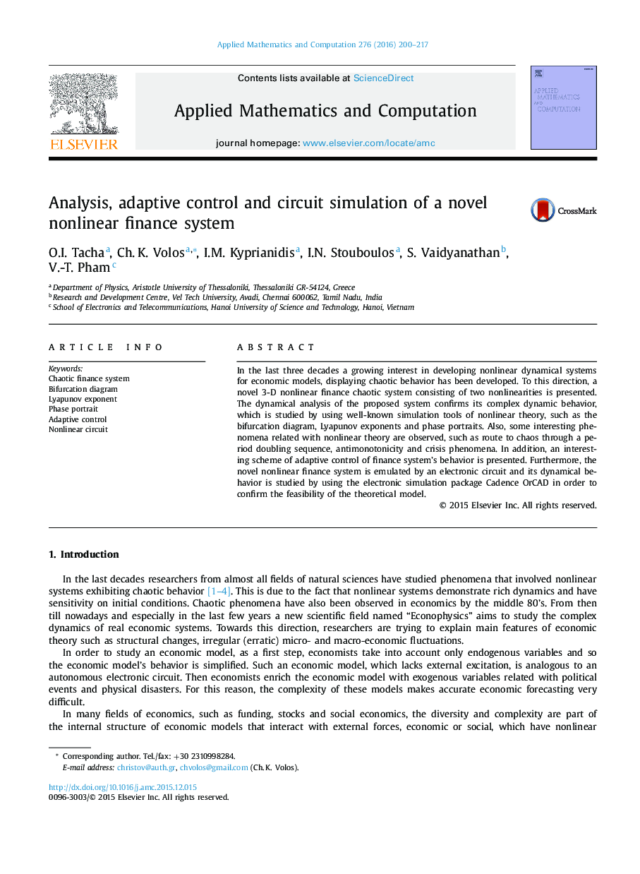 Analysis, adaptive control and circuit simulation of a novel nonlinear finance system
