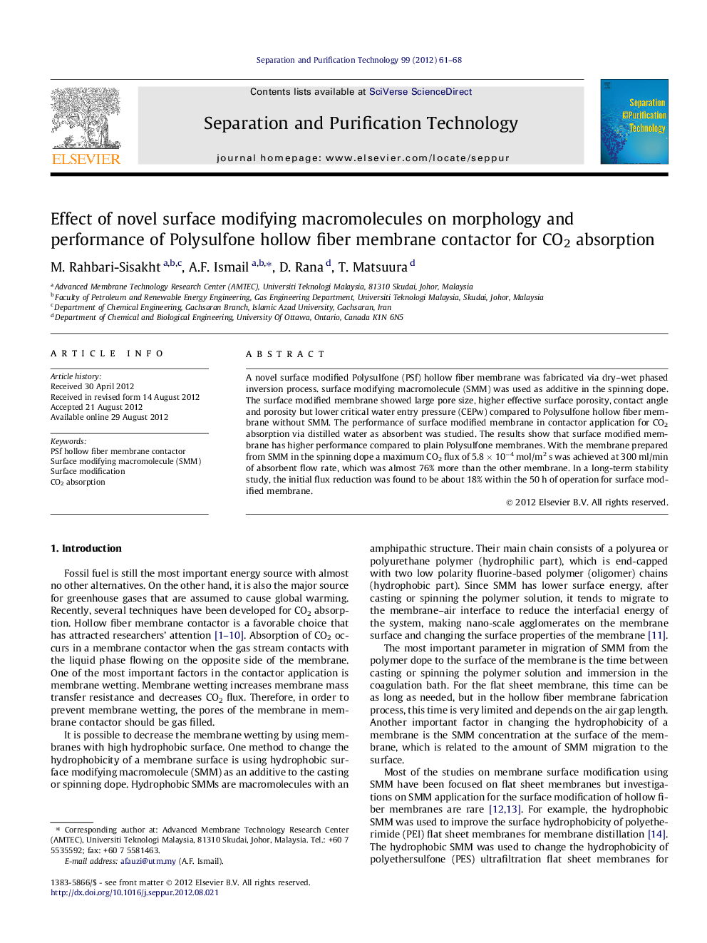 Effect of novel surface modifying macromolecules on morphology and performance of Polysulfone hollow fiber membrane contactor for CO2 absorption