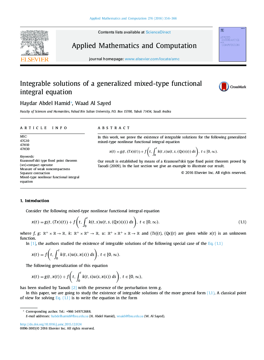 Integrable solutions of a generalized mixed-type functional integral equation