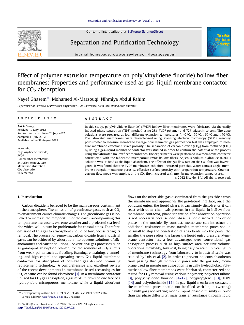 Effect of polymer extrusion temperature on poly(vinylidene fluoride) hollow fiber membranes: Properties and performance used as gas–liquid membrane contactor for CO2 absorption