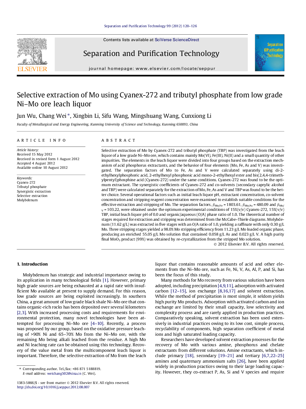 Selective extraction of Mo using Cyanex-272 and tributyl phosphate from low grade Ni–Mo ore leach liquor