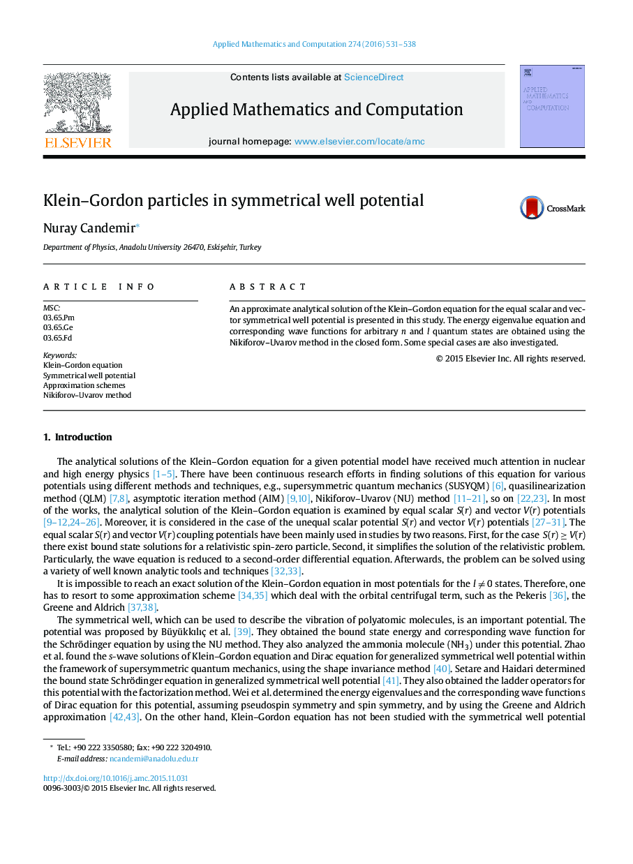 Klein-Gordon particles in symmetrical well potential