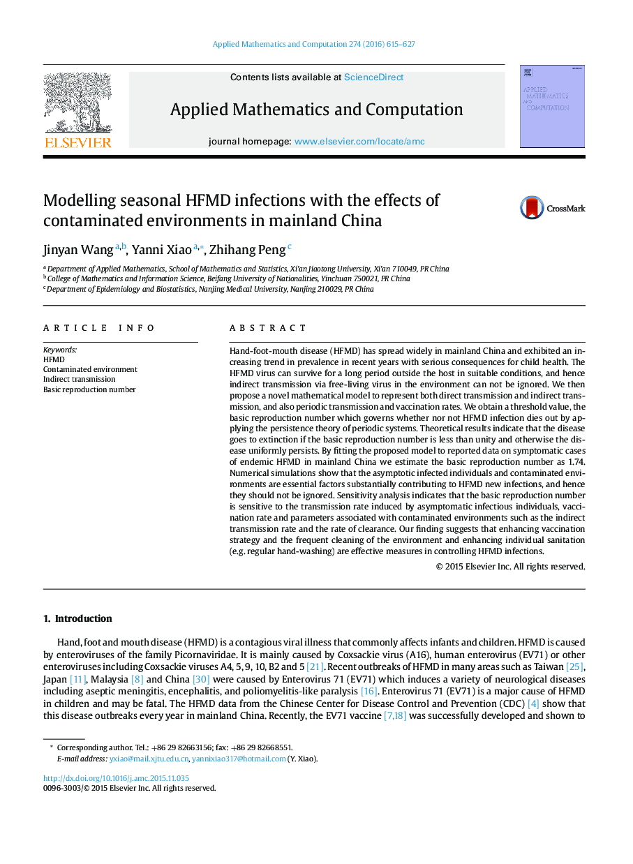 Modelling seasonal HFMD infections with the effects of contaminated environments in mainland China