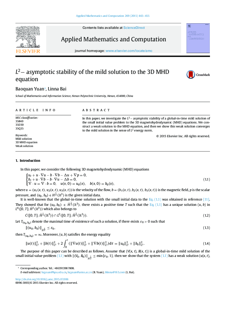 L2â asymptotic stability of the mild solution to the 3D MHD equation