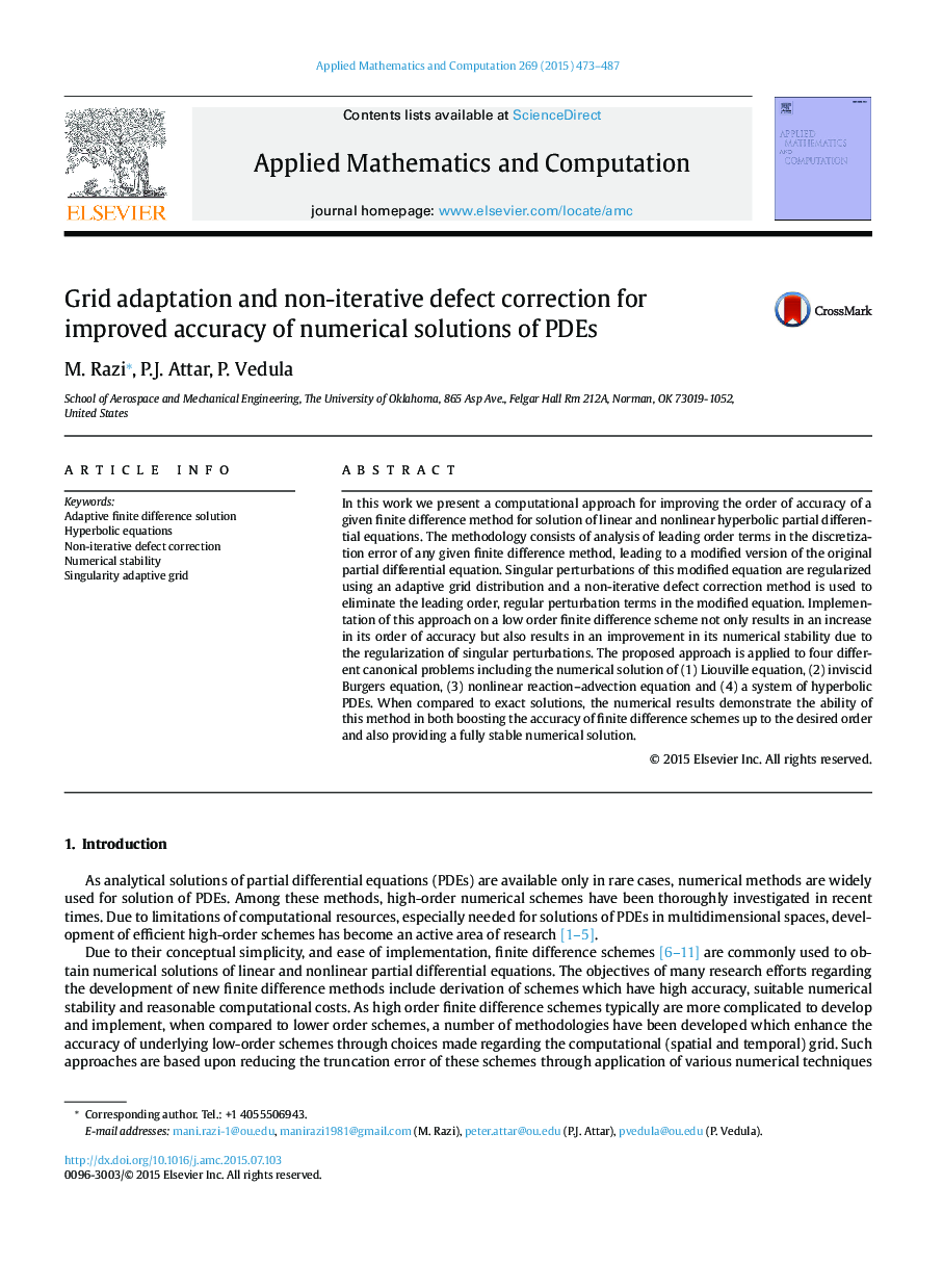 Grid adaptation and non-iterative defect correction for improved accuracy of numerical solutions of PDEs