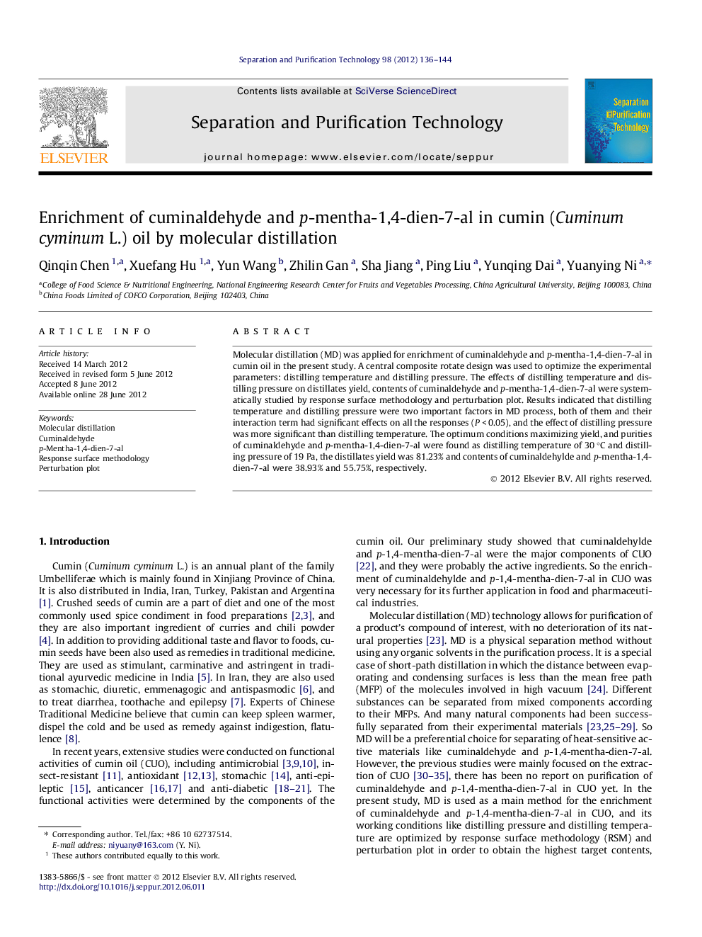 Enrichment of cuminaldehyde and p-mentha-1,4-dien-7-al in cumin (Cuminum cyminum L.) oil by molecular distillation