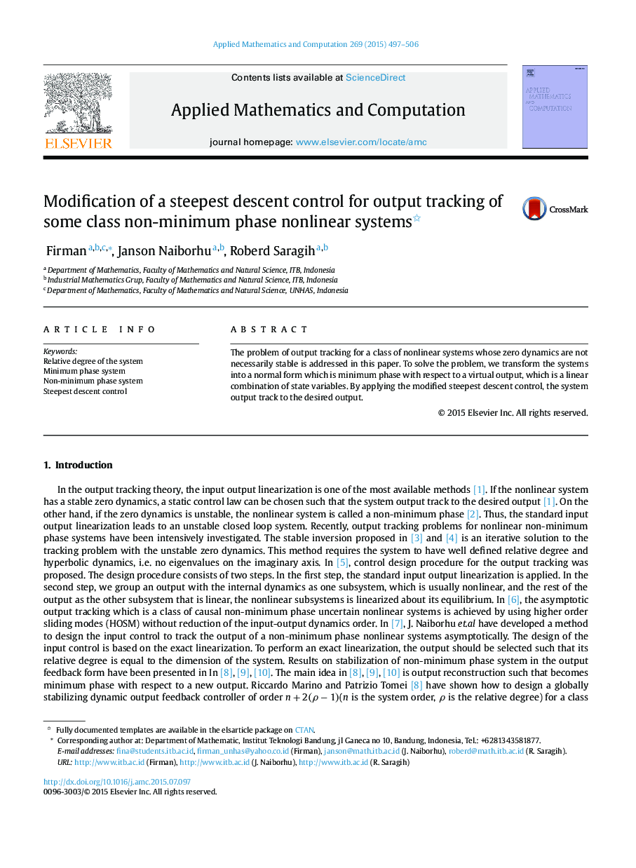 Modification of a steepest descent control for output tracking of some class non-minimum phase nonlinear systems