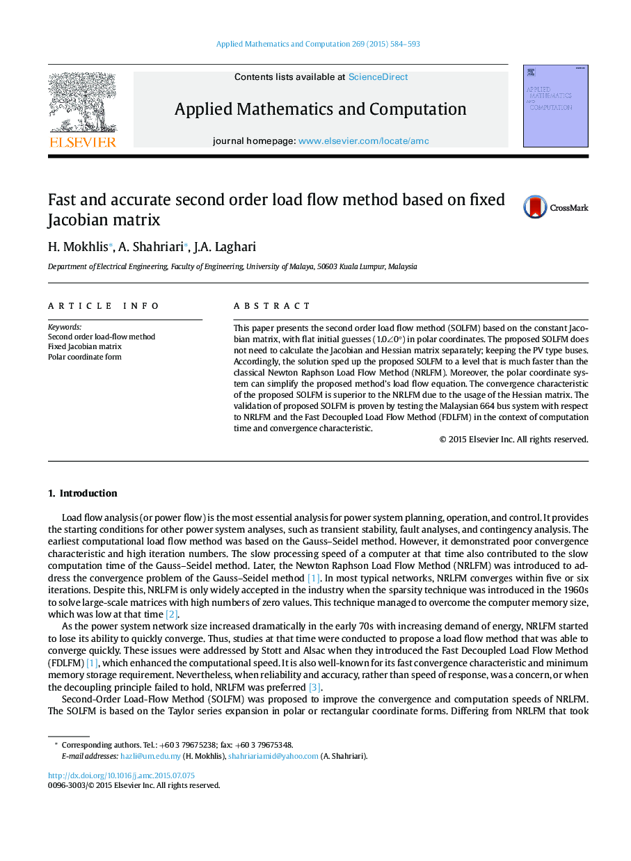 Fast and accurate second order load flow method based on fixed Jacobian matrix