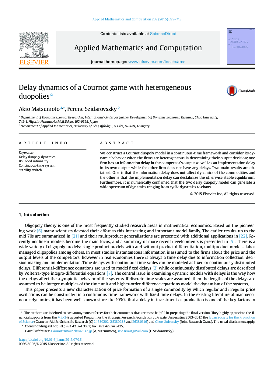 Delay dynamics of a Cournot game with heterogeneous duopolies