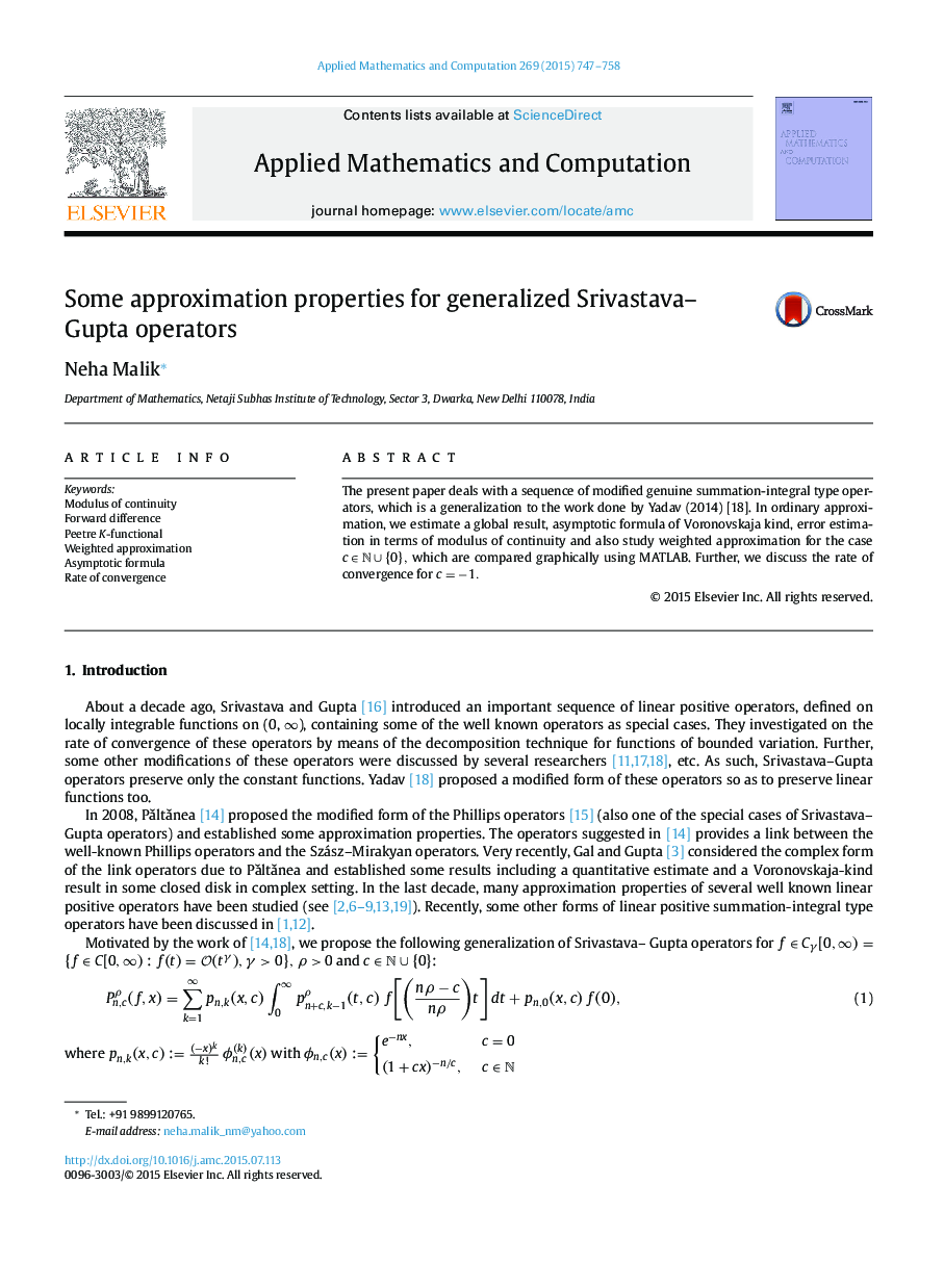 Some approximation properties for generalized Srivastava- Gupta operators