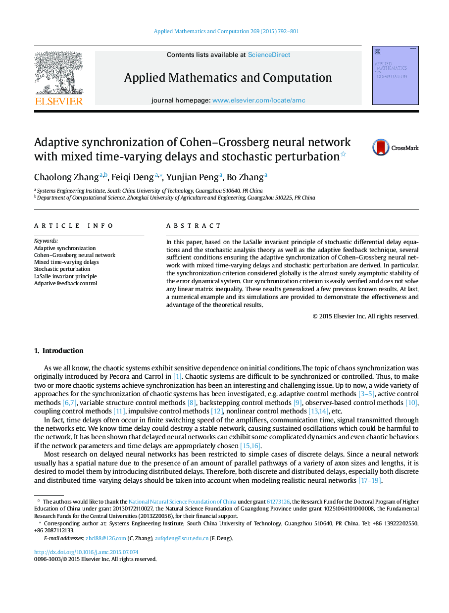 Adaptive synchronization of Cohen-Grossberg neural network with mixed time-varying delays and stochastic perturbation