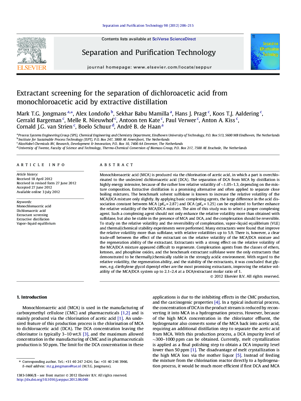 Extractant screening for the separation of dichloroacetic acid from monochloroacetic acid by extractive distillation