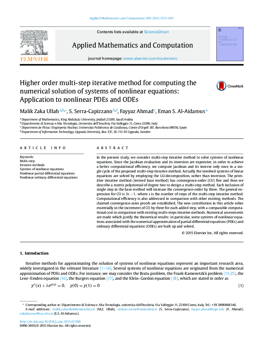 Higher order multi-step iterative method for computing the numerical solution of systems of nonlinear equations: Application to nonlinear PDEs and ODEs