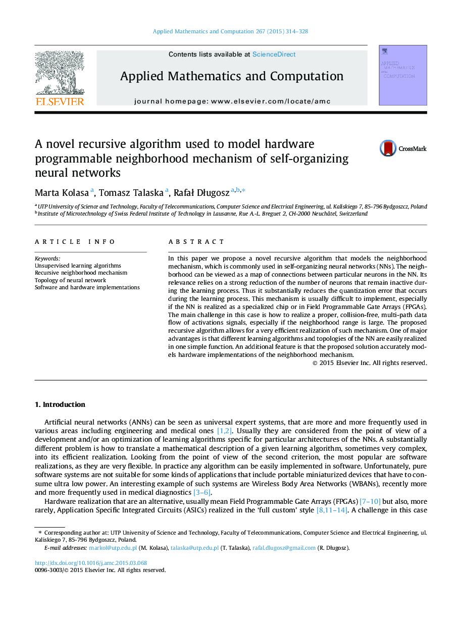 A novel recursive algorithm used to model hardware programmable neighborhood mechanism of self-organizing neural networks