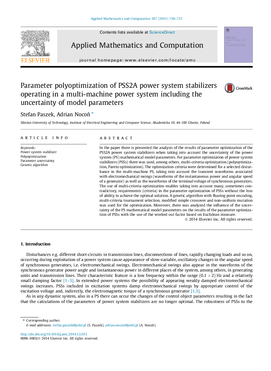 Parameter polyoptimization of PSS2A power system stabilizers operating in a multi-machine power system including the uncertainty of model parameters