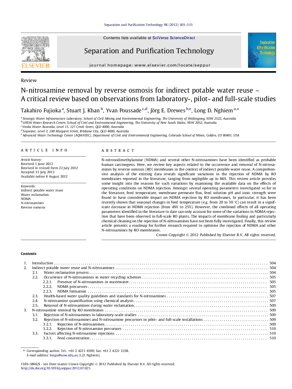 N-nitrosamine removal by reverse osmosis for indirect potable water reuse – A critical review based on observations from laboratory-, pilot- and full-scale studies