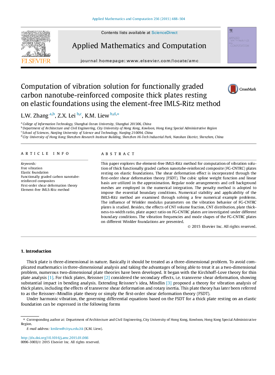 Computation of vibration solution for functionally graded carbon nanotube-reinforced composite thick plates resting on elastic foundations using the element-free IMLS-Ritz method