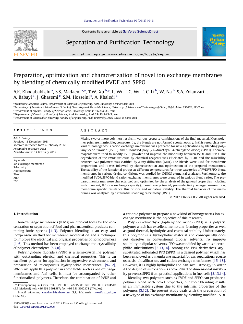 Preparation, optimization and characterization of novel ion exchange membranes by blending of chemically modified PVDF and SPPO