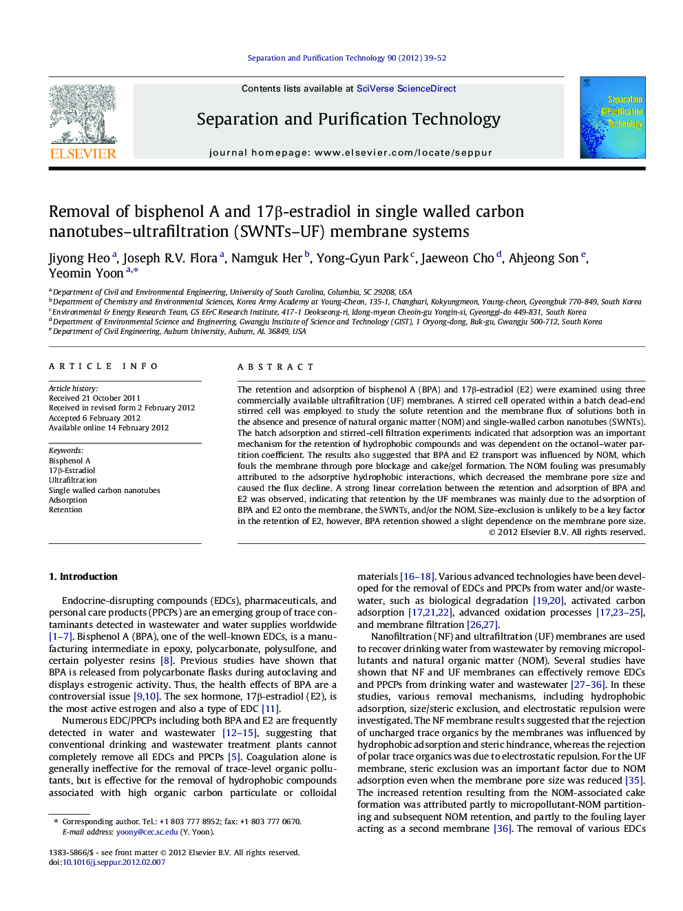 Removal of bisphenol A and 17β-estradiol in single walled carbon nanotubes–ultrafiltration (SWNTs–UF) membrane systems